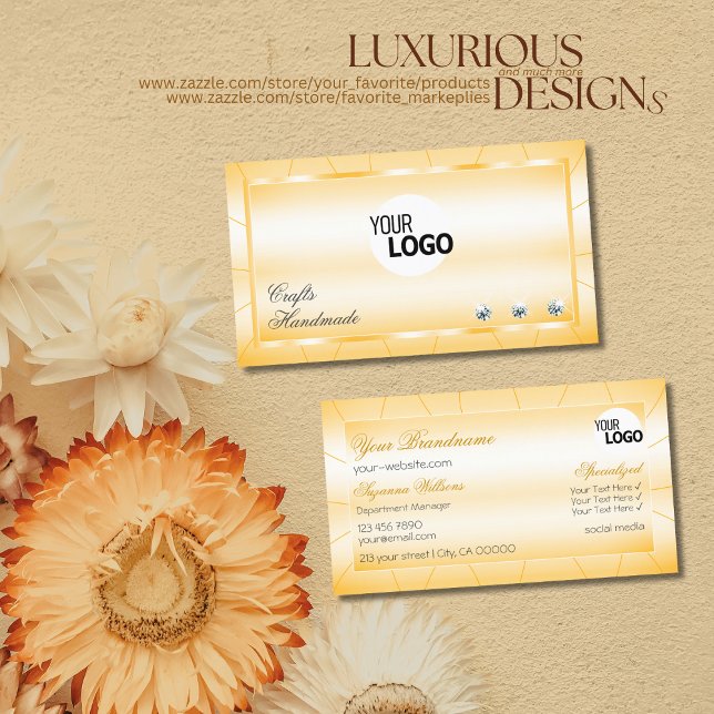 Peach Orange with Diamonds and Logo Glamorous Business Card (Creator Uploaded)