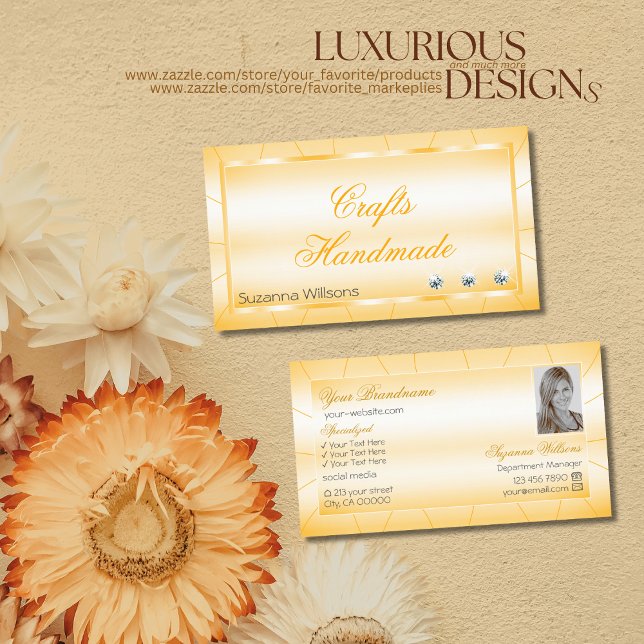 Peach Orange with Diamonds and Photo Glamorous Business Card (Creator Uploaded)