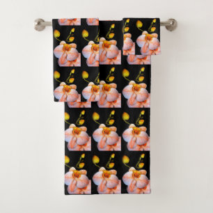 Peach orchid on black towel set