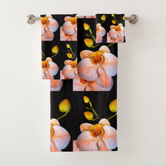 Peach orchid on black towel set