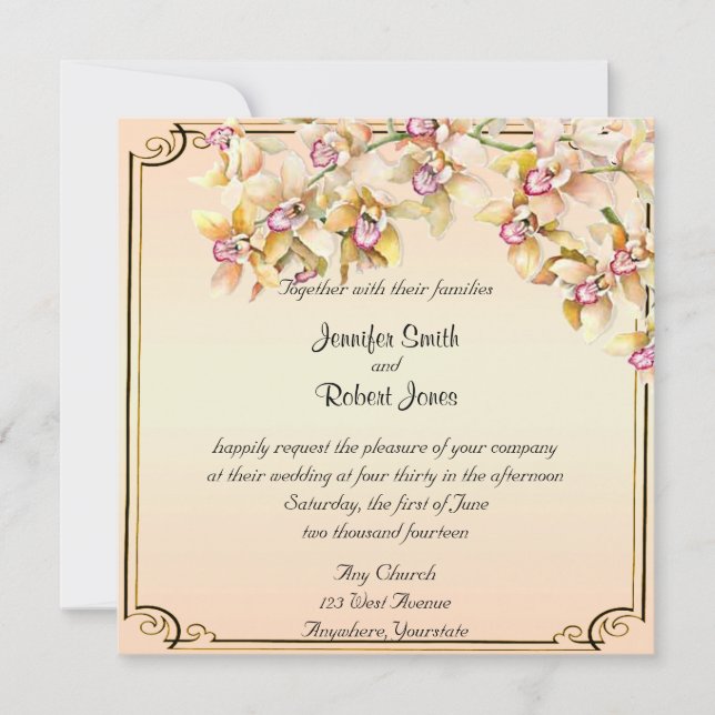 Peach Orchid Watercolor Posh Wedding Invitation (Front)
