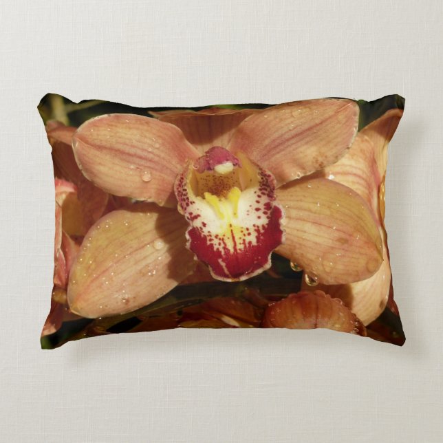 Peach Orchids with Raindrops Floral Accent Pillow (Front)