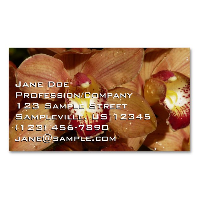 Peach Orchids with Raindrops Floral Business Card Magnet (Front)