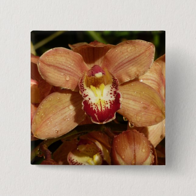 Peach Orchids with Raindrops Floral Button (Front)
