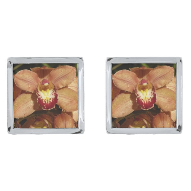 Peach Orchids with Raindrops Floral Cufflinks (Front)