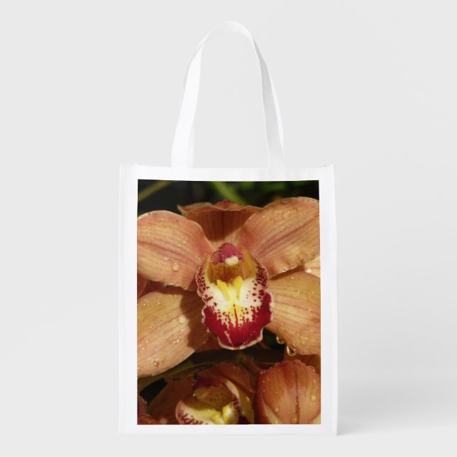 Peach Orchids with Raindrops Floral Grocery Bag (Front)