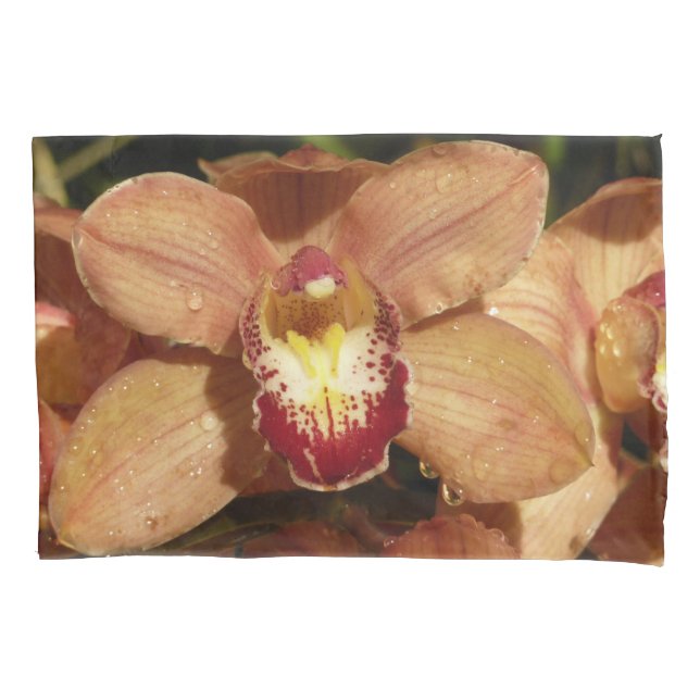 Peach Orchids with Raindrops Floral Pillow Case (Front)