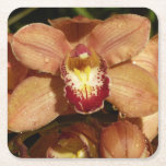 Peach Orchids with Raindrops Floral Square Paper Coaster