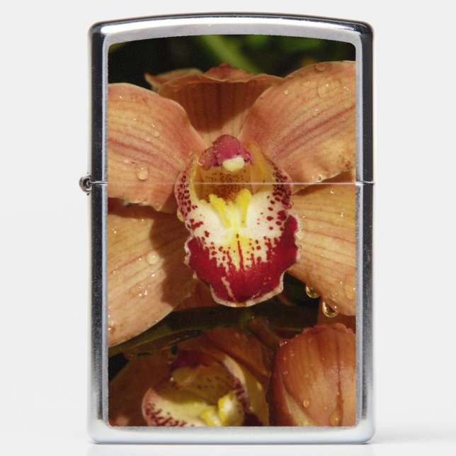 Peach Orchids with Raindrops Floral Zippo Lighter (Front)