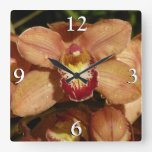 Peach Orchids with Raindrops Square Wall Clock