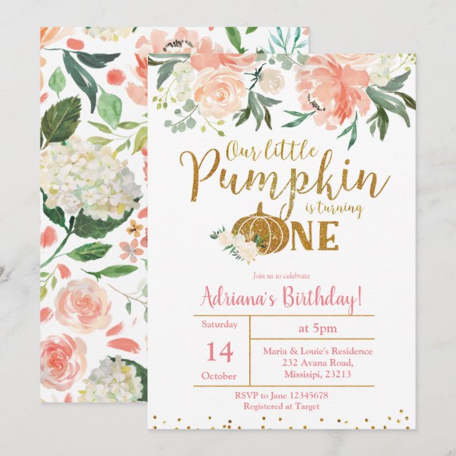 Peach Our Little Pumpkin Is Turning One Invitation (Front/Back)