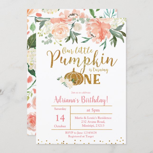 Peach Our Little Pumpkin Is Turning One Invitation (Front/Back)