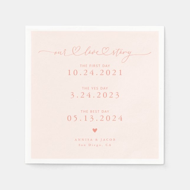 Peach Our Love Story Script Hearts Wedding Napkins (Front)