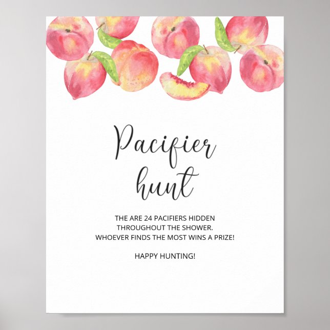 Peach pacifier hunt baby shower game poster (Front)