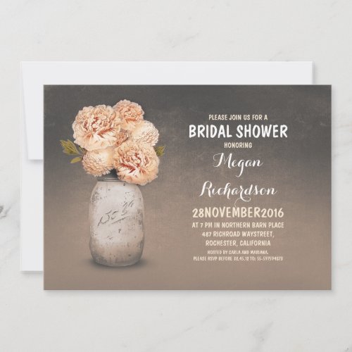 Peach painted mason jar rustic bridal shower custom invitations