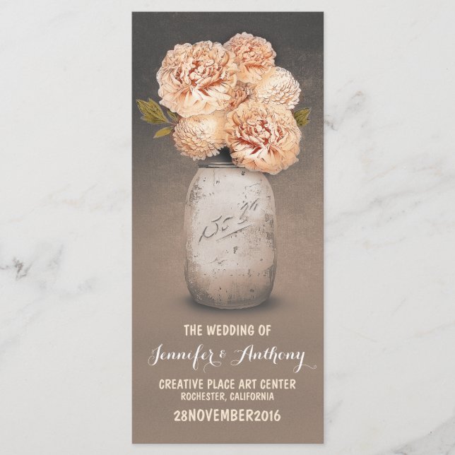 Peach painted mason jar wedding programs (Front)