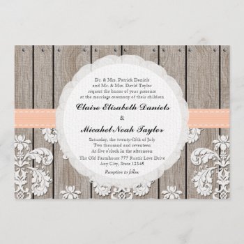 Peach Pale Coral Wood Lace Wedding Invitations by OccasionInvitations at Zazzle