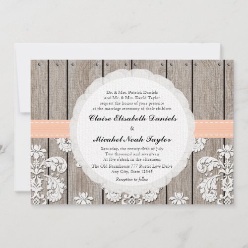 Peach Pale Coral Wood Lace Wedding Invitations