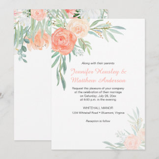 Peach Pale Green Watercolor Flowers Invitations