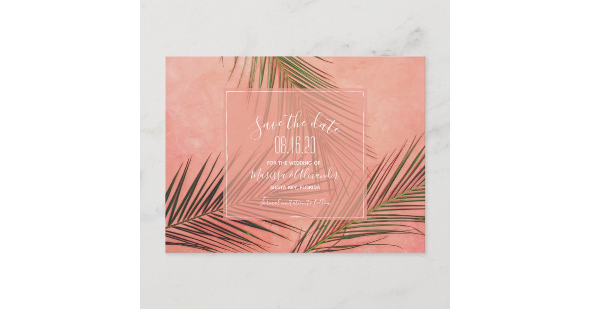 Peach Palm Tree Beach Wedding Save the Dates Postcard Zazzle