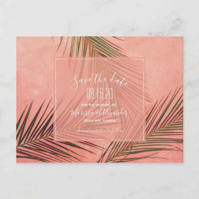 Peach Palm Tree Beach Wedding Save the Dates Postcard (Front)