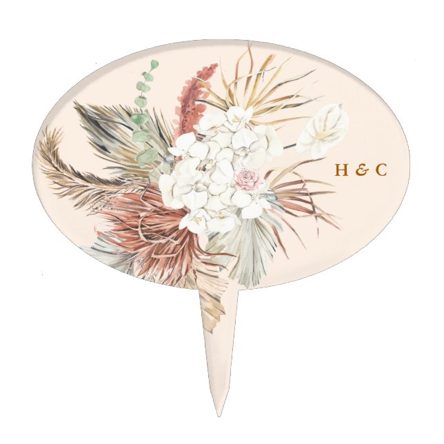 Peach Pampas Dried Grass Floral Wedding Cake Topper (Front)