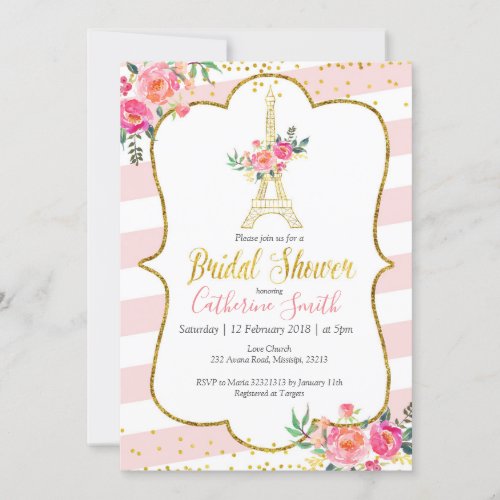 Peach Paris Floral Romantic Bridal Shower Invitation