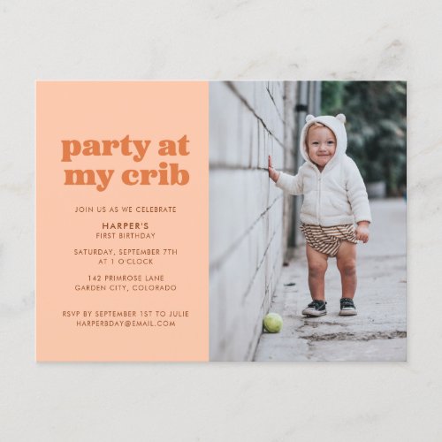 Peach Party at My Crib 1st Birthday Party Invitati Postcard