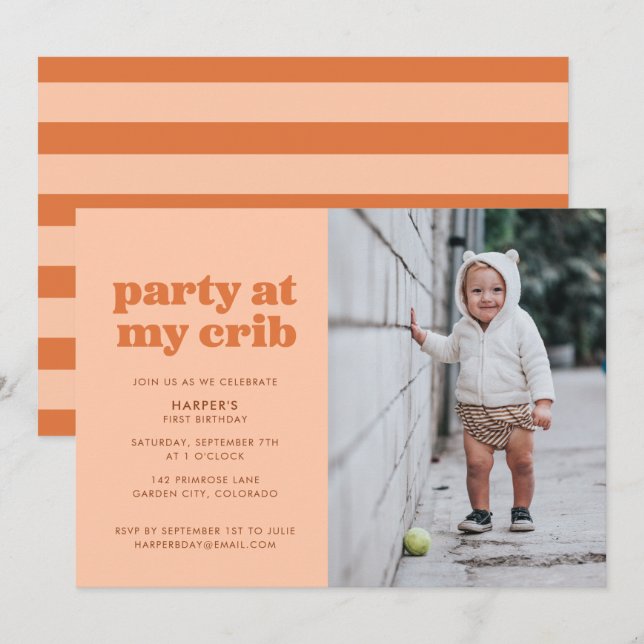 Peach Party at My Crib 1st Birthday Party Invitation (Front/Back)