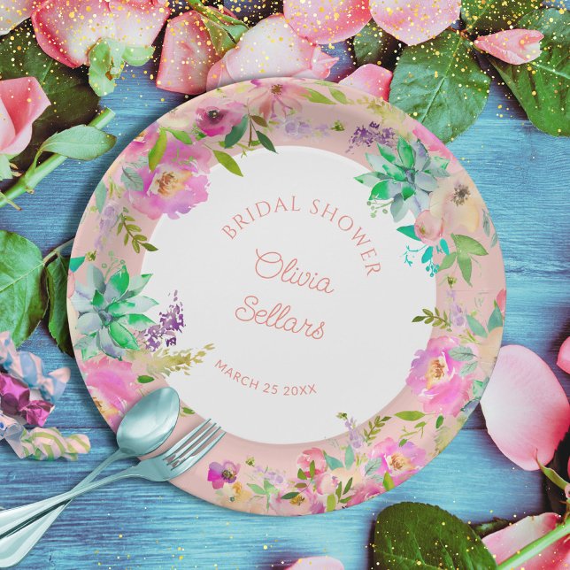 Peach Pastel Floral Profusion Bridal Shower Paper Plates (Pastel English garden floral bridal shower )