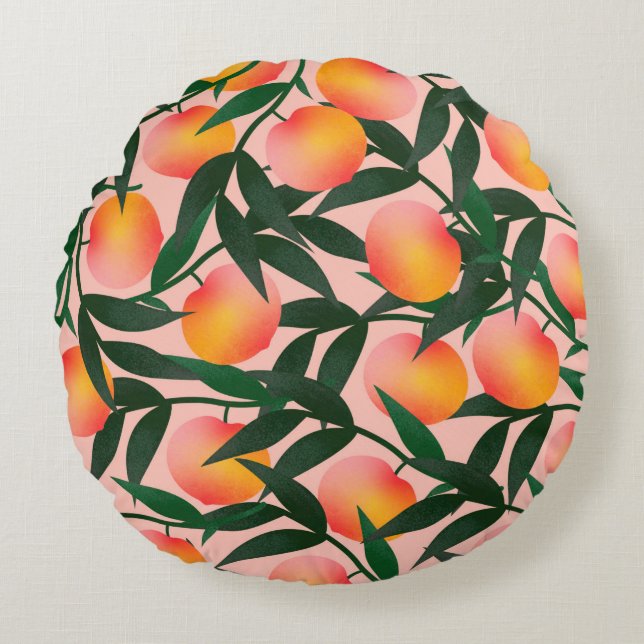 Peach pattern on pink background. Hand drawn fruit Round Pillow (Front)