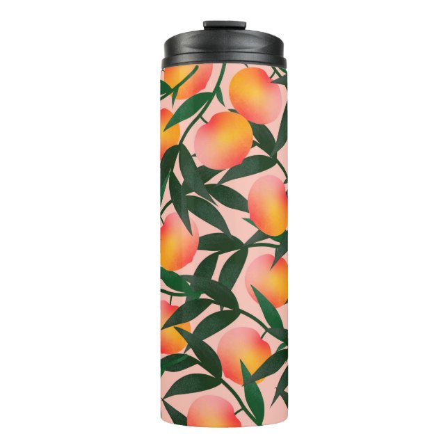 Peach pattern on pink background. Hand drawn fruit Thermal Tumbler (Front)