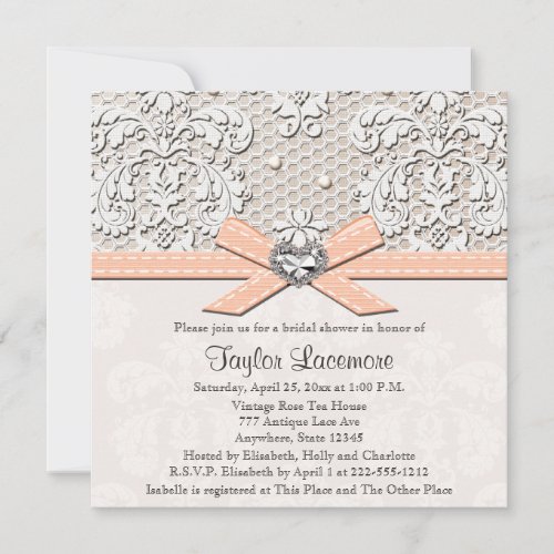 Peach Pearl Lace Diamond Bridal Shower Invitation