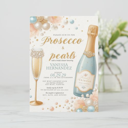 Peach Pearls and Prosecco Bridal Shower Invitation