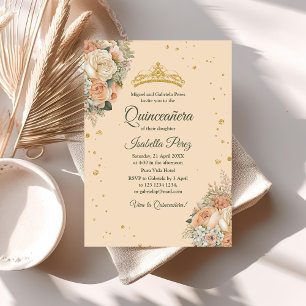 Peach Peonies and Glitter Tiara Quinceanera Invitation