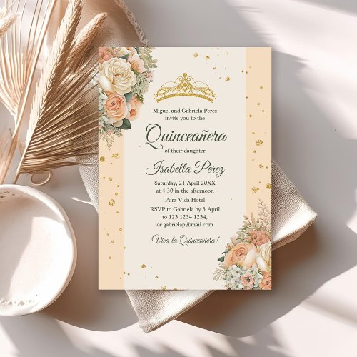 Peach Peonies and Glitter Tiara Quinceanera Invite