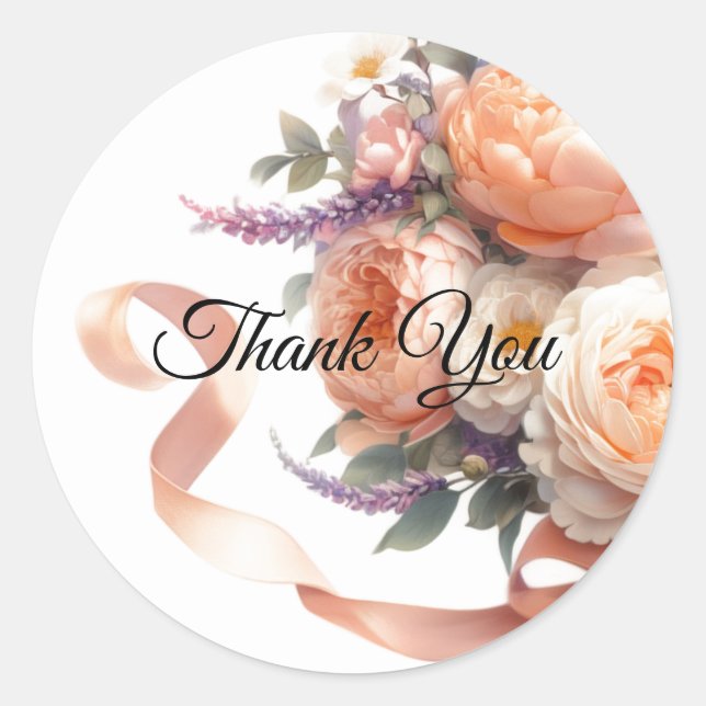 Peach Peonies and Roses Thank You Sticker (Front)