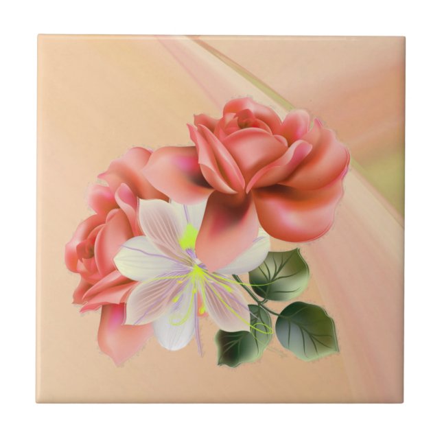 Peach Peonies Ceramic Tile (Front)