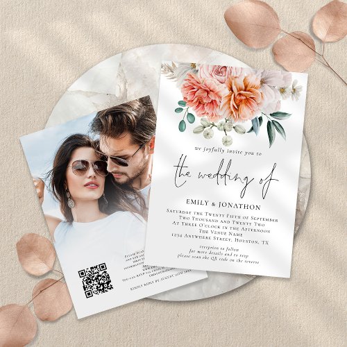 Peach Peonies Florals Photo QR Wedding Invitation