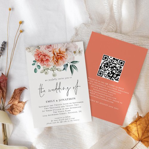 Peach Peonies Florals QR Code Wedding  Invitation