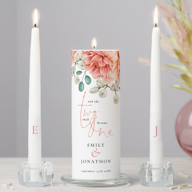 Peach Peonies Romantic Quote Names Date Initials Unity Candle Set (In Situ)