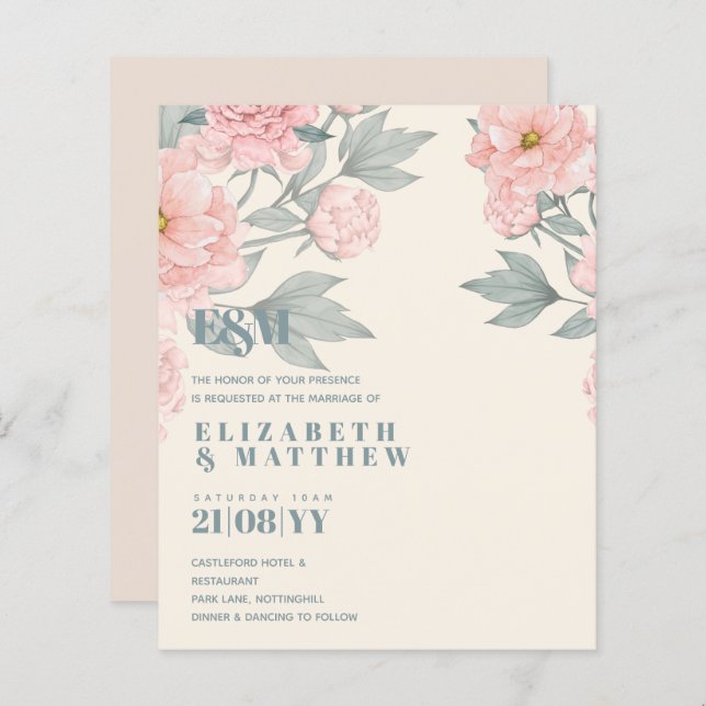 Peach Peonies Sage Floral Budget Wedding (Front/Back)