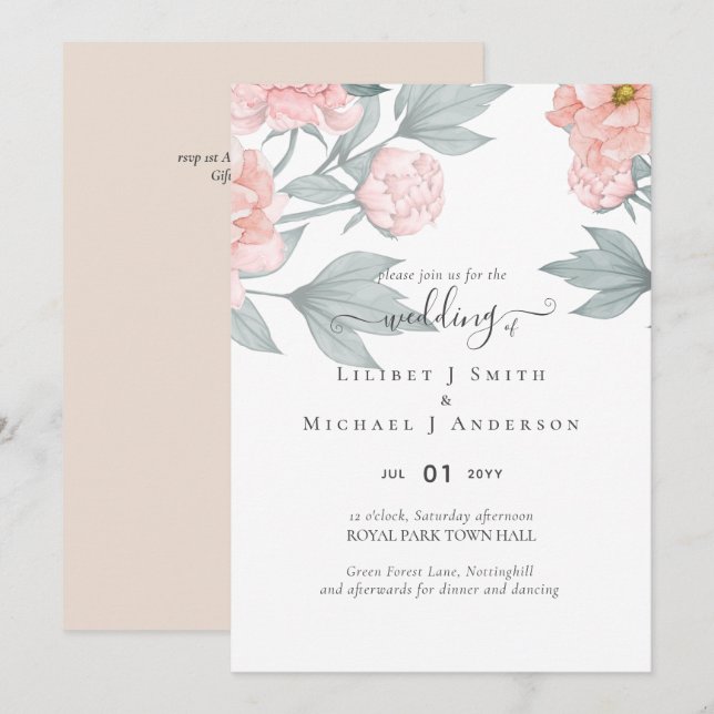 Peach Peonies Sage Floral Budget Wedding (Front/Back)