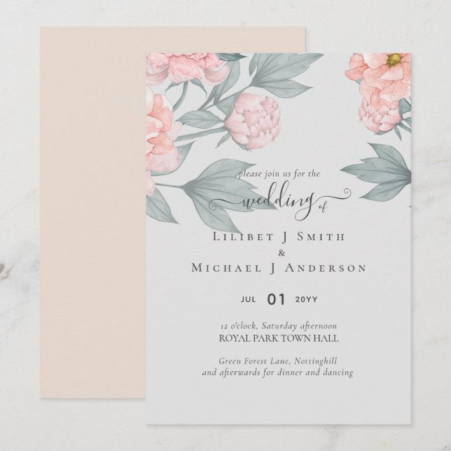 Peach Peonies Sage Floral Budget Wedding (Front/Back)