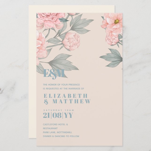 Peach Peonies Sage Floral Budget Wedding (Front/Back)