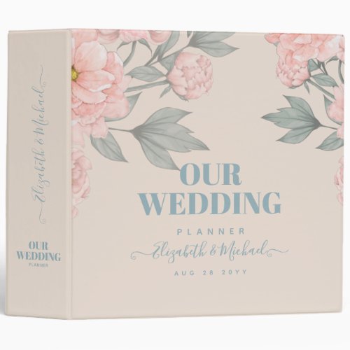 Peach Peonies Sage Floral Budget Wedding 3 Ring Binder