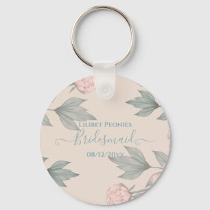 Peach Peonies Sage Floral Budget Wedding Keychain