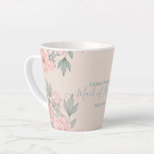 Peach Peonies Sage Floral Budget Wedding Latte Mug (Left Angle)