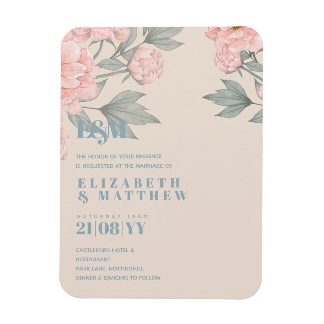 Peach Peonies Sage Floral Budget Wedding Magnet (Vertical)