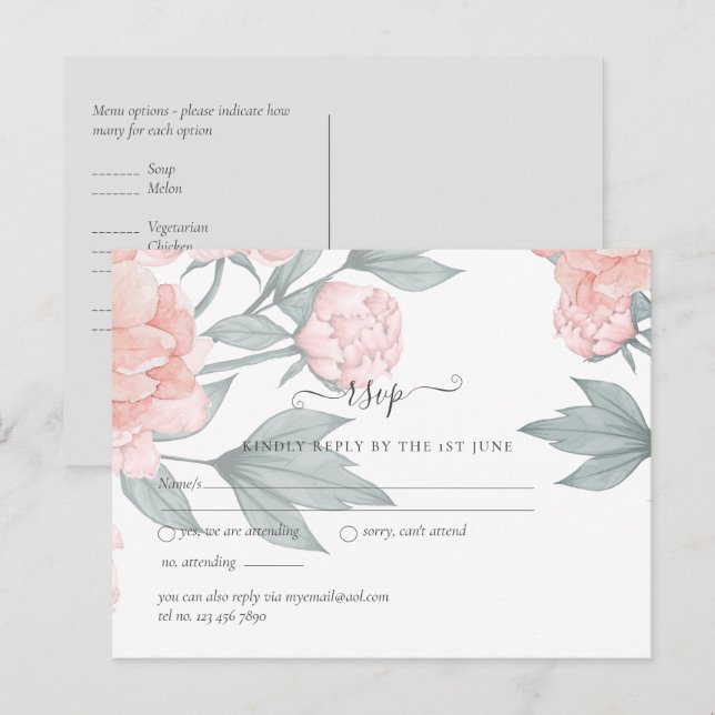 Peach Peonies Sage Floral Budget Wedding RSVP Postcard (Front/Back)